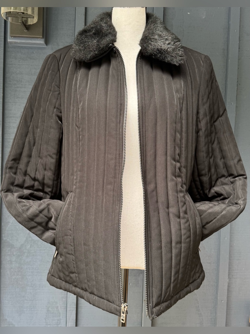 Quilted Fleece Lined Jacket Faux Fur Collar Y2K Black Esprit Medium Winter